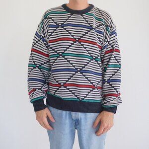 Cezar Knit Sweater Navy Multicolor Geometric Pattern 90s Retro Eclectic Style XL